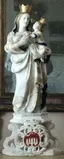 Religious sculpture restoration - Madonna and Child figurine after professional conservation with restored white marble finish and custom base