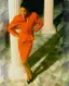 Fashion model in vibrant orange business suit posing against classical column backdrop, demonstrating professional portrait photography setup with scenic architectural background